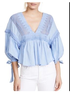 Free People Light Blue Drive You Mad Crochet Lace Peplum Top